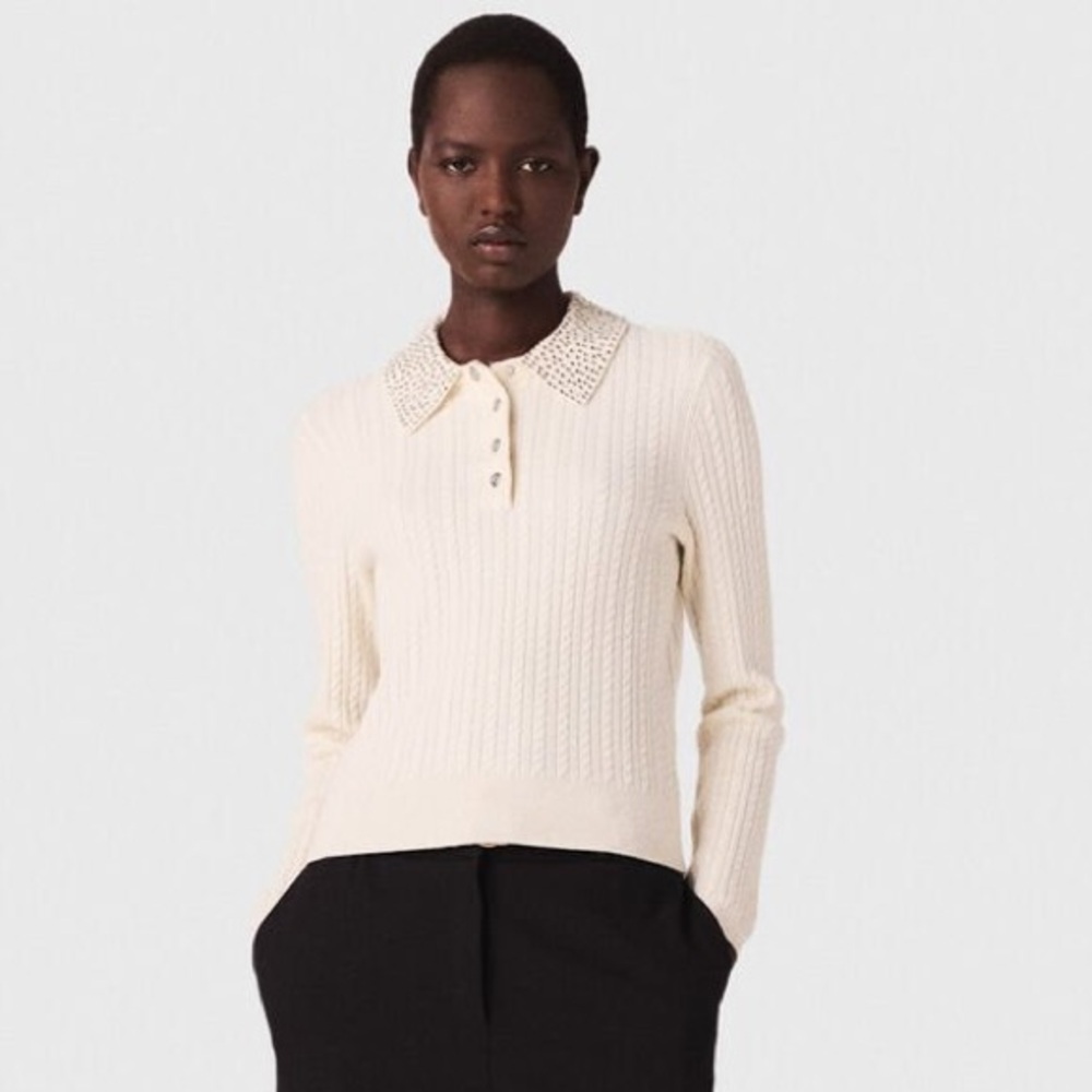 Maje Knit Polo Shirt With Rhinestone Collar